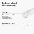 Infographic detailing how the set reduces oil and clears acne. Features Sulfur 10% Concentrate to treat acne and minimize redness, paired with Niacinamide 10% + Zinc 1% to reduce pore visibility and target excess sebum production.