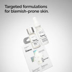 An angled studio shot of The Ordinary Target & Treat Set box and blemish treatments against a gradient backdrop. Overhead text reads: Targeted formulations for blemish-prone skin.